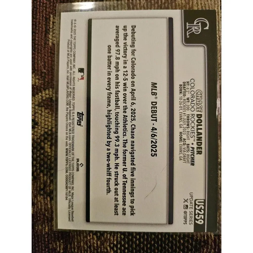 2025 Topps Update - Chase Dollander - RC  #US259 - Rockies - RAW Mint - Picture 2 of 2